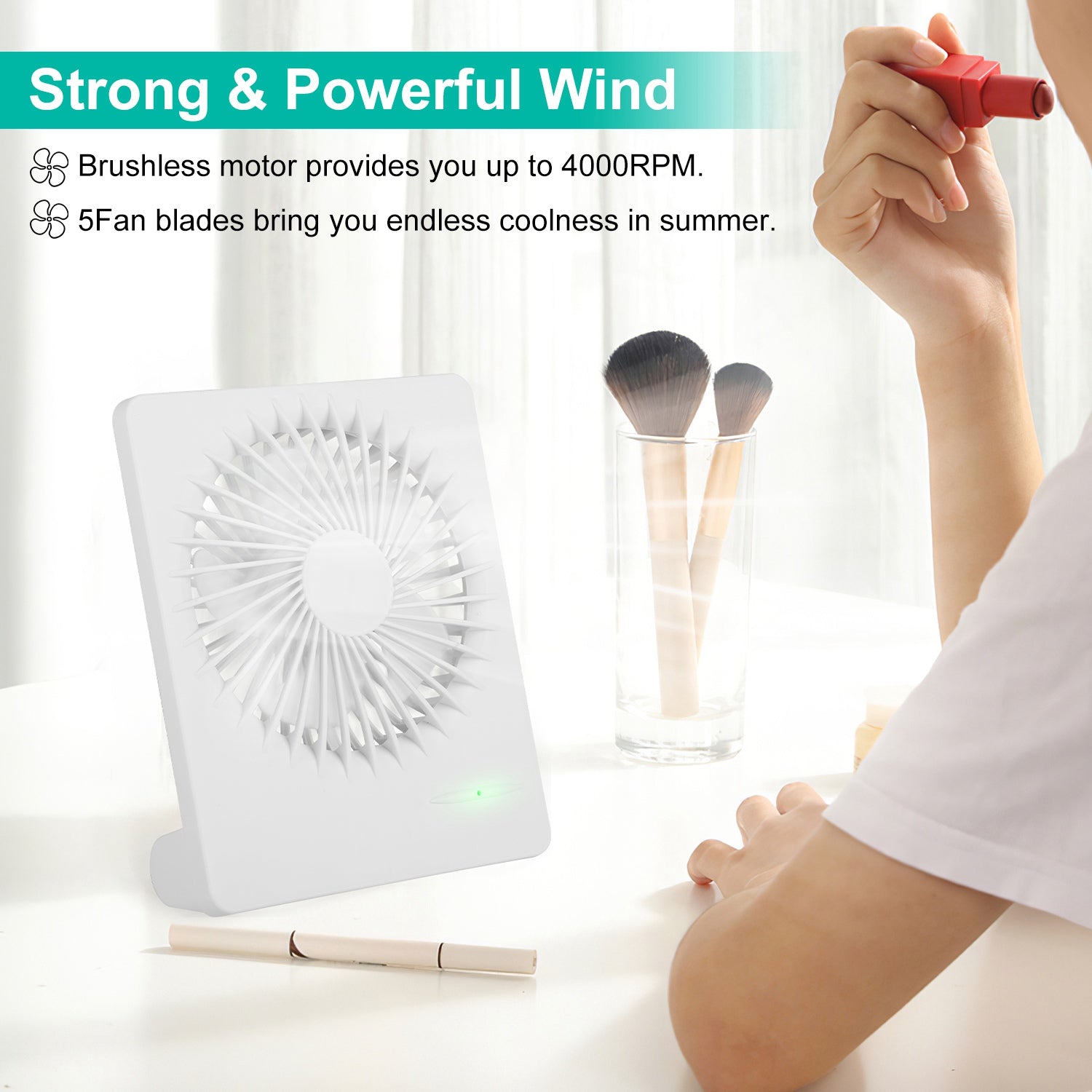 Portable USB Desk Fan - 5-Blade Quiet 
Cooling Fan, 3 Speed Settings, 
Rechargeable Battery for Home & Office