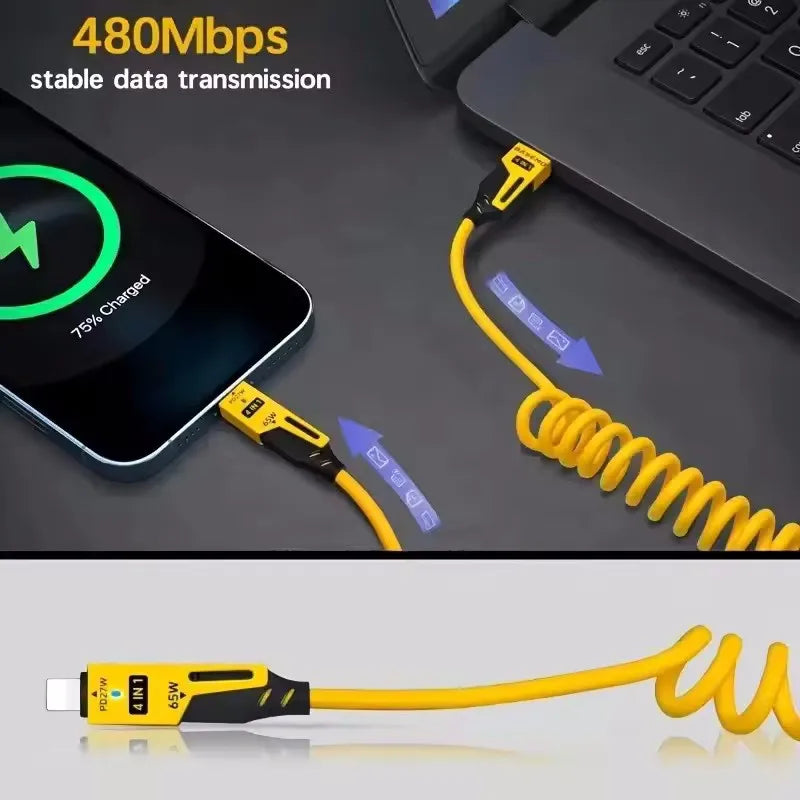 4 in 1 65W Spring Short Data Cable 6A USB Type C Spring Telescopic Quick Charger Wire Spring USB Cable for iPhone 16 15 14 13