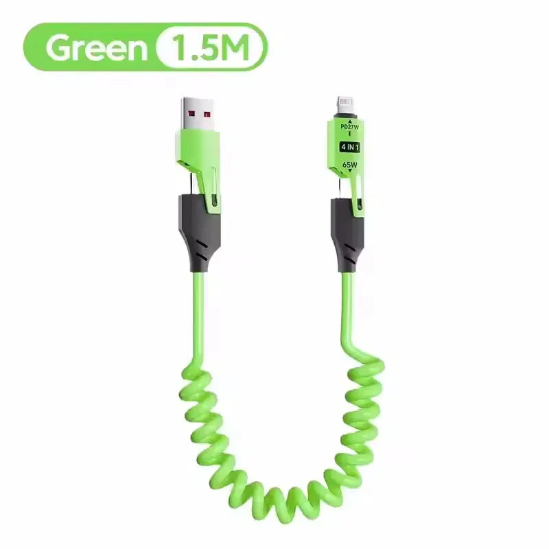 4 in 1 65W Spring Short Data Cable 6A USB Type C Spring Telescopic Quick Charger Wire Spring USB Cable for iPhone 16 15 14 13