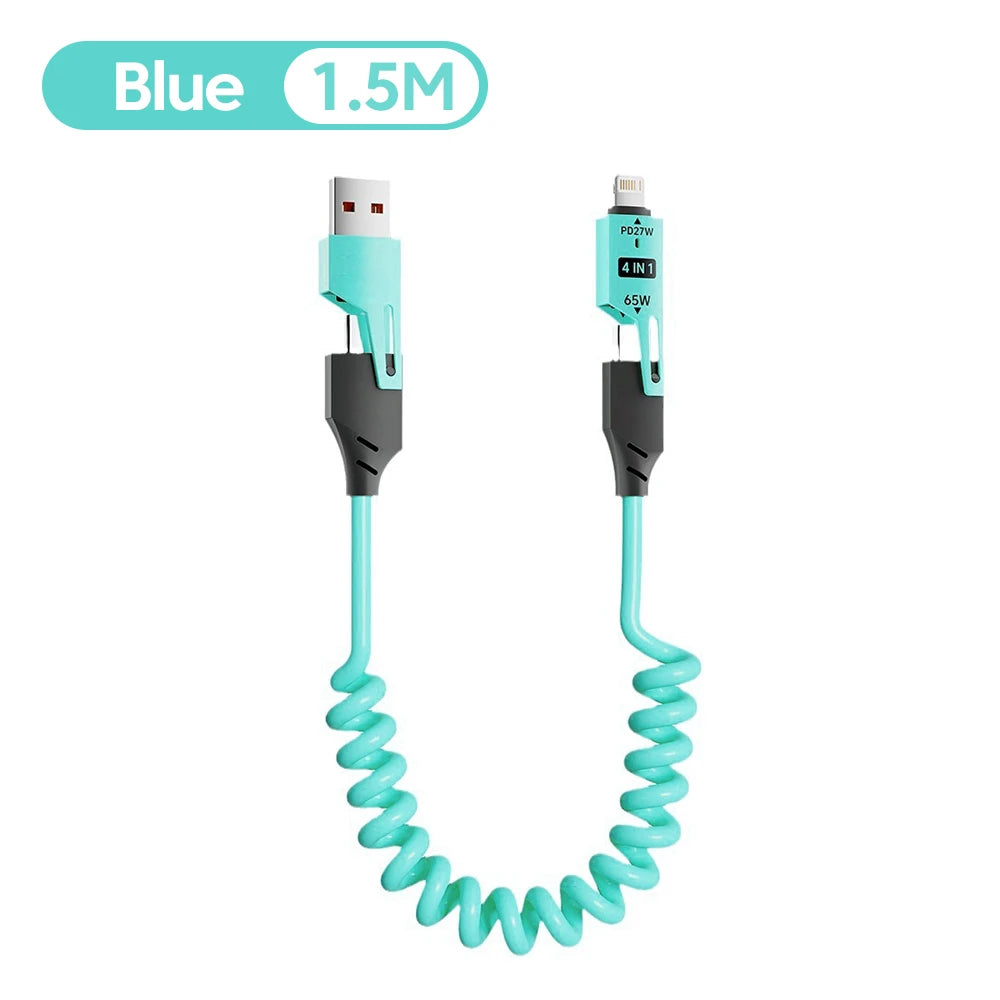 4 in 1 65W Spring Short Data Cable 6A USB Type C Spring Telescopic Quick Charger Wire Spring USB Cable for iPhone 16 15 14 13