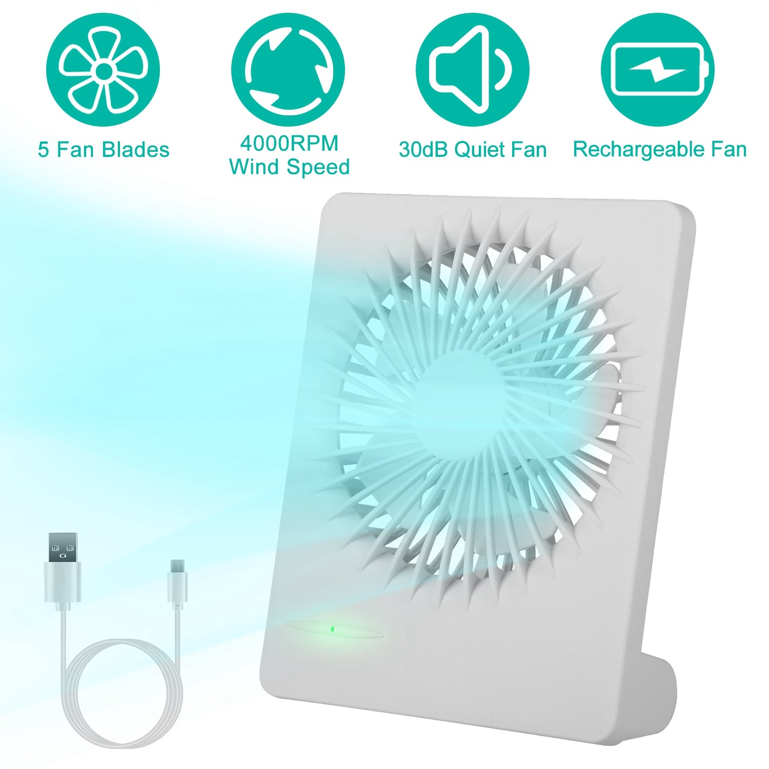 Portable USB Desk Fan - 5-Blade Quiet 
Cooling Fan, 3 Speed Settings, 
Rechargeable Battery for Home & Office